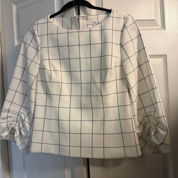 Tibi Ruched Sleeve blue Grid Pattern Blouse size 4 - Picture 4 of 7